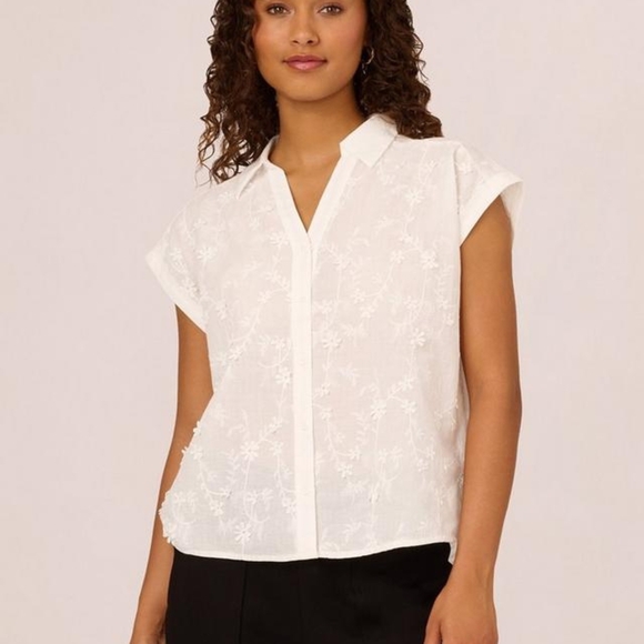 Adrianna Papell White Floral Button Down Shirt - Picture 1 of 7